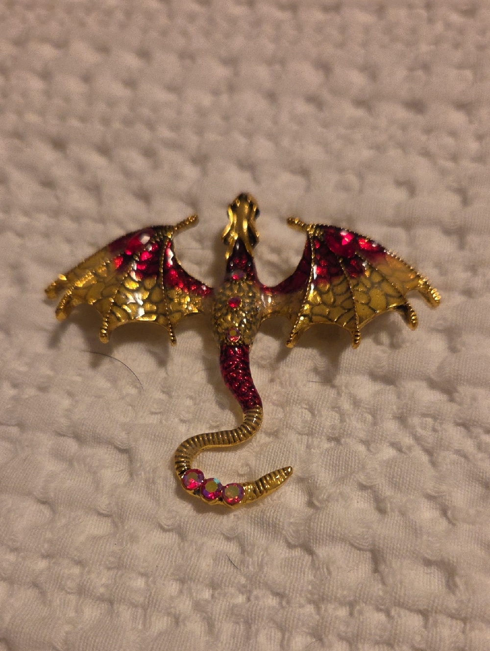 Gold Dragon Brooch with Red Crystal Accents